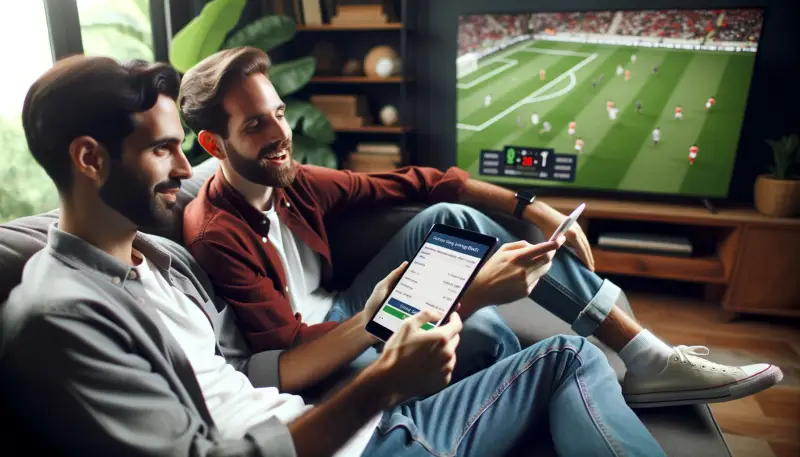 Deux personnes qui parient pendant un match de football à la télévision