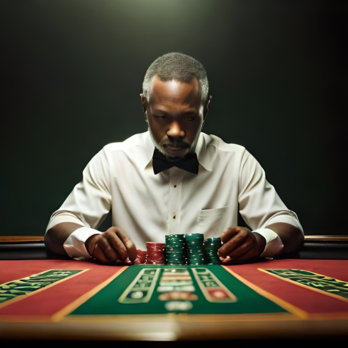 un homme assis à une table de jeu qui se pose des questions