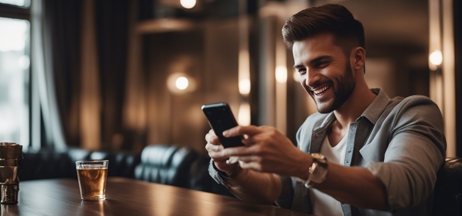 Un parieur assis qui regarde son téléphone et qui a l’air heureux
