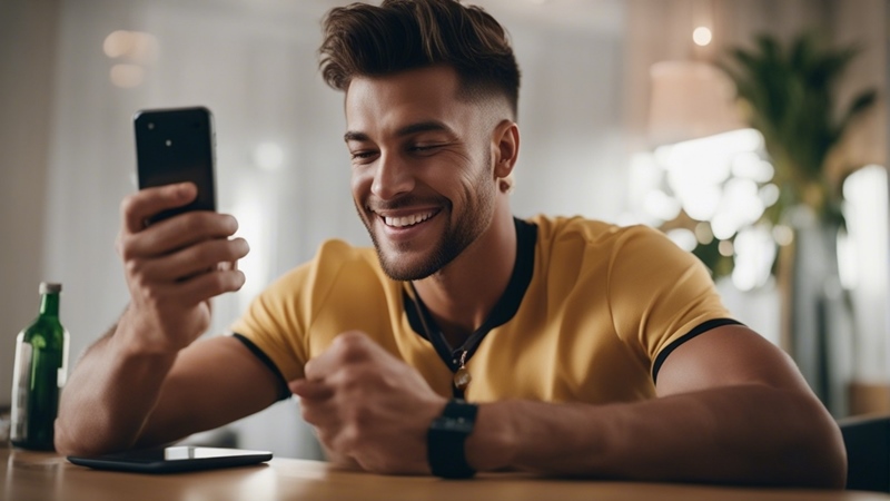 Un jeune parieur qui tien son app de paris sportifs en main