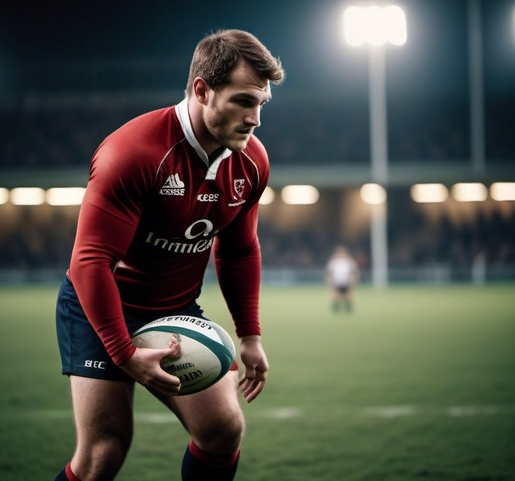 Un joueur de rugby sur un terrain, tenant un ballon