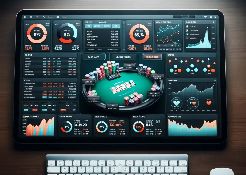 Écran avec table poker en ligne entourée de statistiques